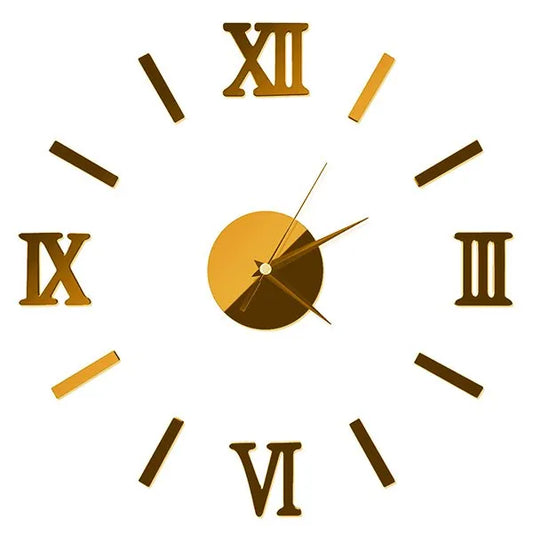 3D DIY Mirror Golden Surface Wall Clock - Roman Numerals