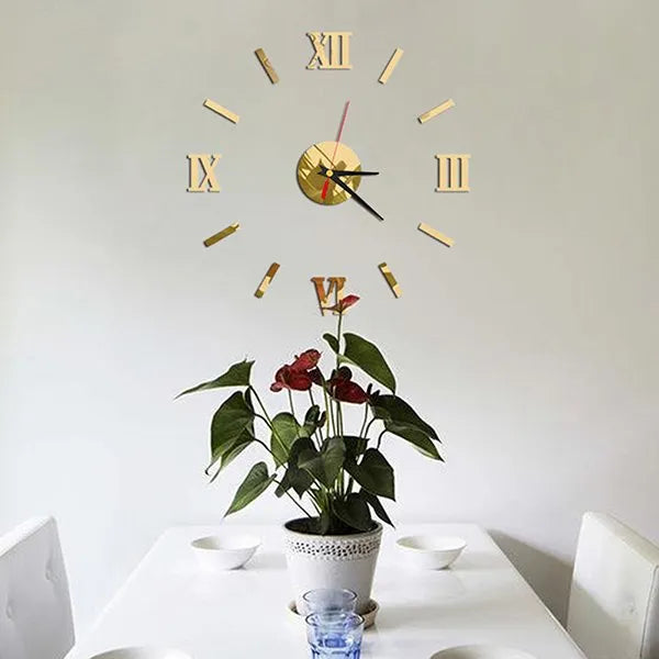 3D DIY Mirror Golden Surface Wall Clock - Roman Numerals